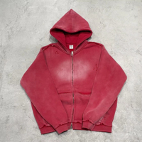 Sweat à capuche personnalisé à double fermeture éclair, poids lourd, noir, vintage, délavé, streetwear, lavage à l'acide, 400GSM, sweat à capuche vierge pour hommes
