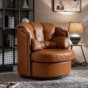 Sillón giratorio Jiangshan de cuero encerado estilo mediados de siglo, sillón de ocio de cuero genuino para el hogar americano - Product Image 4