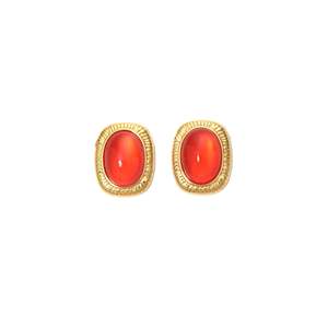 Fashion Stud <b>Earrings</b> PVD Gold Plated 316L Stainless Steel Oval <b>Red</b> Cabochon Sustainable Resistant Jewelry - Product Image 1