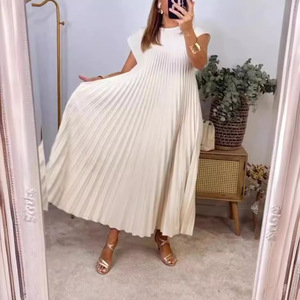 Robe jupe longue à la mode pour femmes avec col rond et détail plissé sans manches respirant bureau dame Style vêtements - Product Image 5