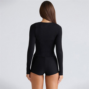 Casual Street Women 2 Piece Set Fashion Concise Solid Square Neck Full Sleeve <strong>Tees</strong>+Slim Shorts Female <strong>Basic</strong> Daily Outfits - Product Image 3