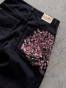 Jeans droits pour femmes, personnalisés, style rétro européen et américain, broderie de fleurs de prunier, taille mi-haute, séchage rapide - Product Image 4