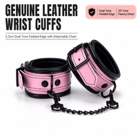 100% Genuine Leather Wrist Cuffs Dual-Tone Padded Edge 18.5-27.5cm Adjustable Restraints with 22.5cm Detachable Chain