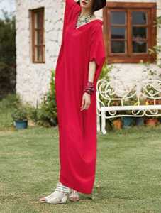 Vestido Maxi de Lino/Algodón Hecho a Medida para Mujer, Corte Regular, Estilo Casual, Tejido de Punto Lavable, Cuello en V, Manga Corta, Línea A - Product Image 5