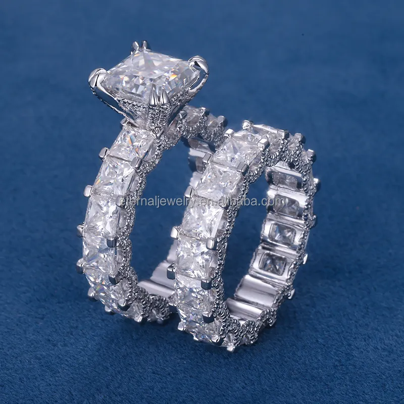 Personalizado VVS princesa corte Moissanite IGI Lab diamante S925 plata 10K 14K 18K sólido lleno de oro bandas de compromiso conjunto de anillos de boda