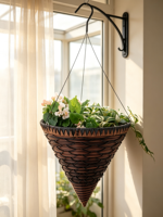 Panier suspendu en ciment brun foncé de style américain, sculpté à la main, avec bord en zigzag, 3 crochets métalliques, pour l'intérieur et l'extérieur, jardin, fleurs