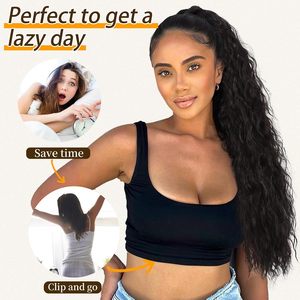 Ekstensi rambut ponytail wanita 30 inci, rambut sintetis pirang super gelombang, tampak alami, tebal, dengan klip jepit pre-bonded 140g - Product Image 6