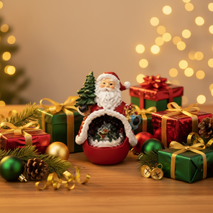 En stock : Ornement de Noël en résine Père Noël, mini scène de village de Noël avec arbre et boîte cadeau, décoration de table pour la maison - Product Image 4