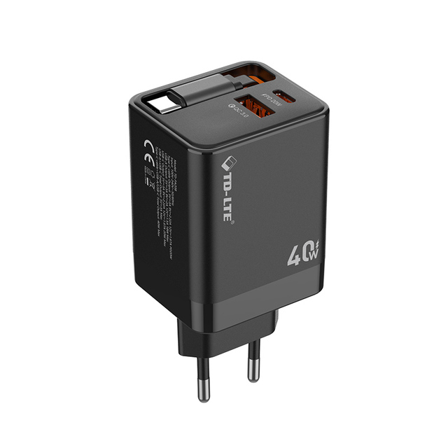 Fast Charging Retractable Type-C Cable Wall Charger PD 40W USB/Type-C Universal Compact Electric Power Supply Adapter for Mobile