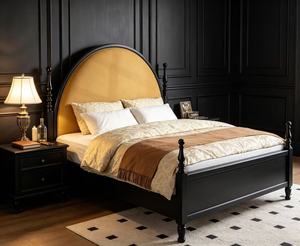 Premium <b>Queen</b> <b>Size</b> Black Wood Spindle <b>Bed</b> With Yellow Arched Upholstered Headboard For Bedroom - Product Image 5