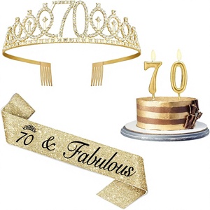 Décorations pour le 70e <span class=keywords><strong>anniversaire</strong></span> des femmes, bougies numérotées en alliage doré avec écharpe et diadème, cadeaux pour le 70e <span class=keywords><strong>anniversaire</strong></span> - Product Image 1