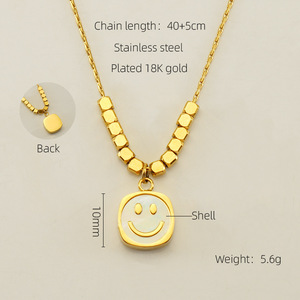 Collier en acier inoxydable plaqué or 18 carats pour femmes, tendance INS, pendentif en forme de barre d'or, visage souriant, coquille, bijoux - Product Image 5