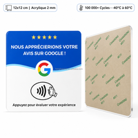 Carte NFC Google Review tactile personnalisée 12x12cm en acrylique français, 100 000+ cycles, support sans contact pour réseaux sociaux pour entreprises