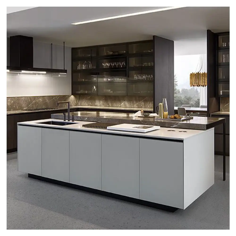 Waterfall Kitchen Island Space Saving Kitchen Furniture Gloss White Modern Kitchen Cabinet