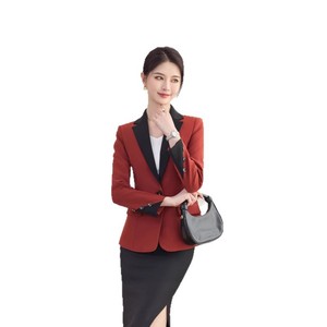 Red Long Sleeve Color Blocked Blazer Skirt Set Women's Formal Suit Commute Anti Wrinkle Worsted Fabric - Product Image 5