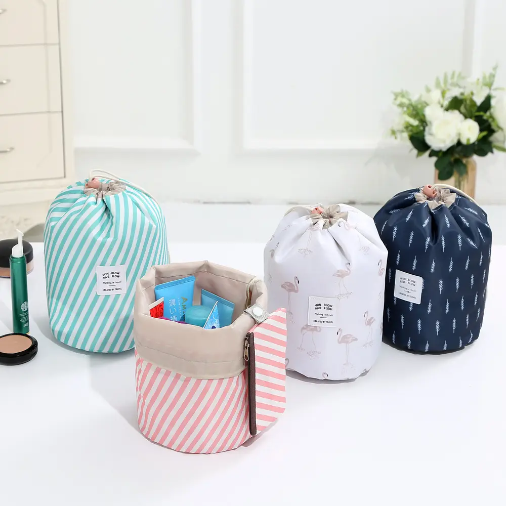 Sac de rangement de beauté pour femmes, sacoche de toilette en forme de baril, sac de rangement imprimé Oxford de voyage, Kit de cosmétiques et d'accessoires de maquillage