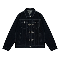 Veste en jean noire pour homme avec logo personnalisé, style pompier, fermeture à boucle, OEM ODM, vintage, épaisse, style camionneur, surpiqûres contrastées, vêtements de travail, vente en gros