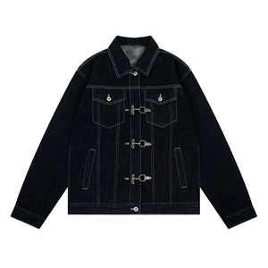 Veste en jean noire pour homme avec logo personnalisé, style pompier, fermeture à boucle, OEM ODM, vintage, épaisse, style camionneur, surpiqûres contrastées, vêtements de travail, vente en gros - Product Image 1
