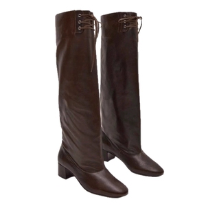 Bottes hautes pour femmes, boutons métalliques personnalisés de haute qualité, tige plissée ample, lacets, bottes longues et amples, bottes hautes jusqu'au genou - Product Image 5