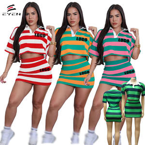 2025 Nova Personalização Logo Verão Casual Moda Listrado Contrastando Cor Top + Saia 2pcs Mulheres Esportes Roupas Vestido Set - Product Image 1