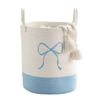 Panier à linge rond pliable en corde de coton avec nœud bleu 15x17,7 pouces pour le rangement des jouets et des couvertures des adolescentes