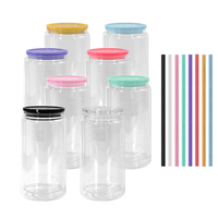 Gobelet en plastique à double paroi pré-percé de 16 oz, globe à neige en plastique, pot Mason avec couvercles colorés et paille avec bouchon