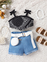 Ensemble 2 pièces pour petites filles : Haut caraco à manches longues avec imprimé lettres et bretelles à nouer + Jupe plissée effet jean avec ceinture – Tenue d'été pour enfants
