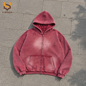 เสื้อฮู้ดดี้สตรีทแวร์ผู้ชายทรงโอเวอร์ไซส์ ซิปหน้า ผ้าคอตตอน 100% หนานุ่ม สไตล์วินเทจ ซันเฟด ดิสเทรส แอซิดวอช - Product Image 1
