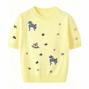 Dalang Sweater Factory <b>Women's</b> Embroidered Knitted Short Sleeve <b>Top</b> Crew Neck <b>Sequin</b> Pony Design Loose Fit Soft Knitwear - Product Image 4
