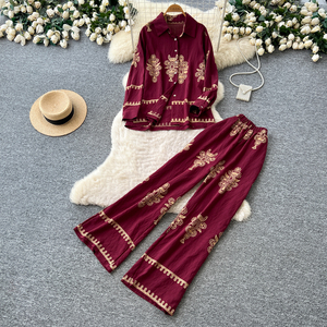 Conjunto de 2 piezas vintage de otoño para mujer, top con cuello polo y traje estampado, ropa al por mayor - Product Image 1