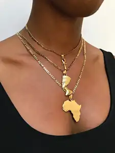 Egyptian Stainless Steel 18k Gold Plated Jewelry Egyptian Queen Nefertiti Ankh Africa Map Necklace Set