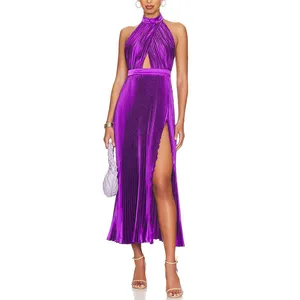 Custom Ladies Elegant Casual Beach party Ruched purple Satin pleating Silk Slit Midi Long Dress For Women