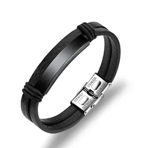 Bracelet en cuir avec Logo personnalisé pour homme, fait à la main, classique et Simple, noir, bijoux, cadeau