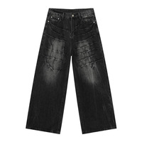 Pantalon en jean délavé à motif éclair de style américain haut de gamme pour hommes - Pantalon tendance polyvalent à coupe droite et ample