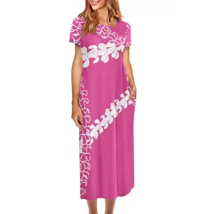 Puakenikeni 핑크 원피스 하와이안 꽃 프린트 여자의 캐주얼 느슨한 긴 드레스 사용자 정의 도매 라운드 넥 짧은 소매 드레스
