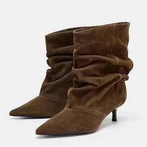 Bottines d'hiver imperméables à lacets, bout pointu, plissées, rétro, élégantes, de créateur pour femmes - Product Image 1