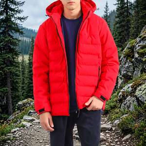 Red Men's Hooded Puffer Jacket Winter Down Filled Zip Up <b>Coat</b> Casual Outerwear Thick Polyester Shell Windproof - Product Image 5