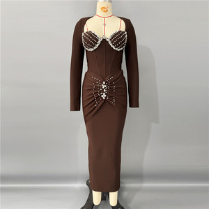 Vestido Midi Corsé con Cristales para Mujer - Vestido de Noche Elástico con Cintura Fruncida y Manga Larga - Product Image 5