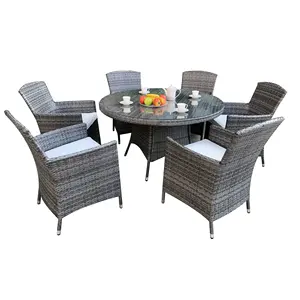Cheap Outdoor Furniture 6 person Rattan Waterproof Dining sets grey rattan table