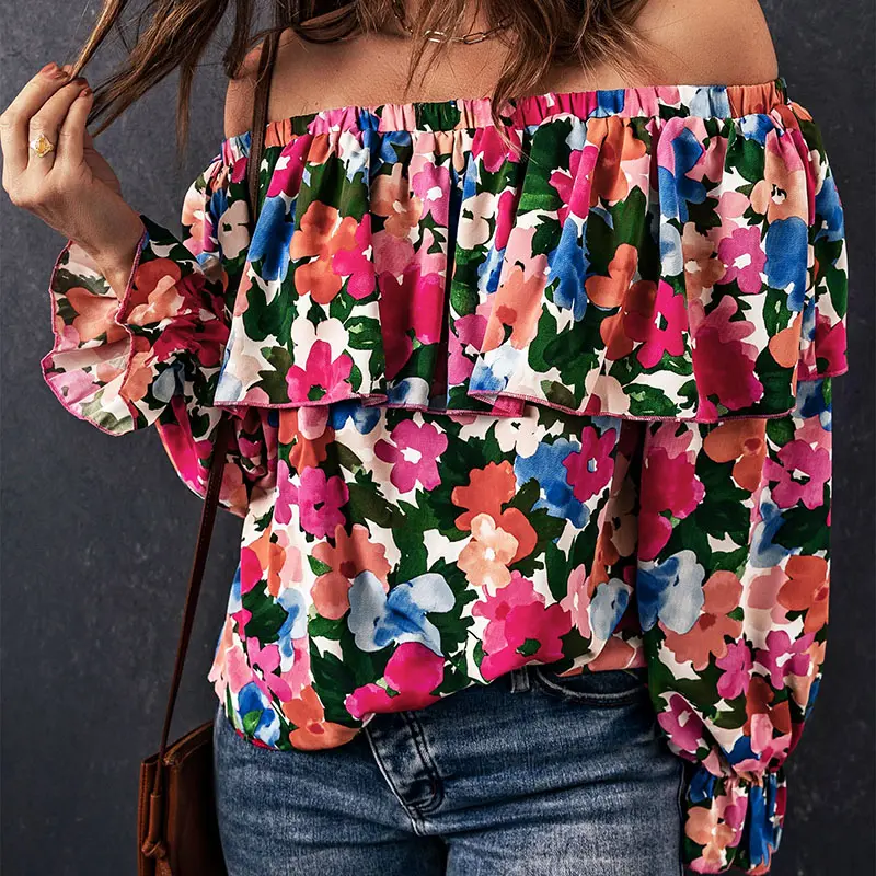 Women Fall Clothes 2023 Elegant Floral Print Ruffle Ladies Blouse Off The Shoulder Tops Women