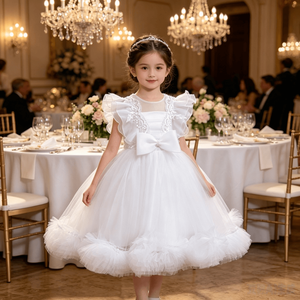 Vestido de Tul con Mangas <span class=keywords><strong>para</strong></span> Niñas, Vestido de Bautizo con Lazo en la Cintura, Traje de <span class=keywords><strong>Primera</strong></span> Comunión <span class=keywords><strong>para</strong></span> Bebés, Vestido de Princesa <span class=keywords><strong>para</strong></span> Niñas, Vestido de Dama de Honor <span class=keywords><strong>para</strong></span> Bodas - Product Image 1