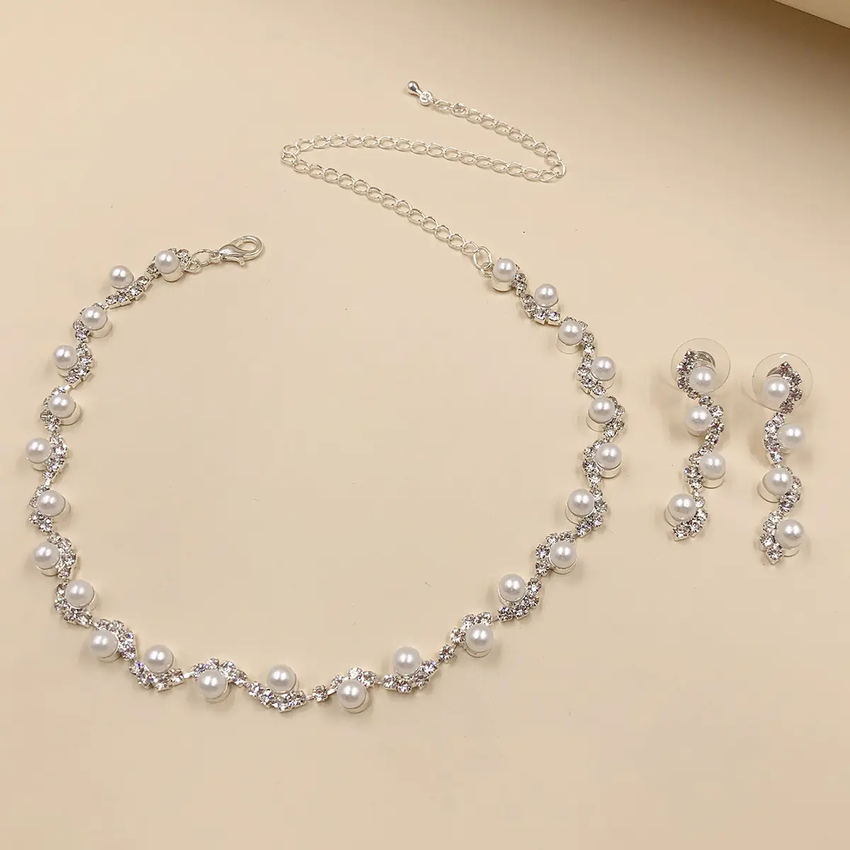 Summer Women and Girls Crystal Rhinestone Zircon Choker Prom Bridesmaid  Necklace Earrings Silver Bridal Wedding Jewelry Set