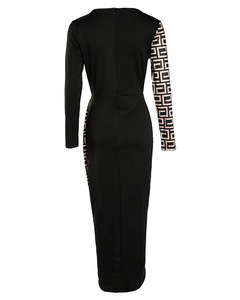 Robe midi pour femme à imprimé géométrique color block, col en V profond, manches longues, style portefeuille moulant, fente haute, pour soirée, club et événements - Product Image 6