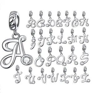 925 Sterling Silver huruf alfabet DIY manik-manik menjuntai cocok asli jimat gelang kalung untuk membuat perhiasan