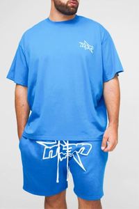 เสื้อยืดโอเวอร์ไซส์พิมพ์ลายบลูพลัสแมนสตาร์พัฟพร้อมกางเกงขาสั้นเจอร์ซีย์ทรงหลวม ชุดเซ็ตแทรคสูททรงโอเวอร์ไซส์ - Product Image 1
