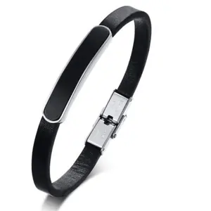 Yiwu-correa de cuero suave y estrecha de acero inoxidable, pulsera de cuero con barra de identificación curva, deslizante y grueso, estampado en blanco, novedad