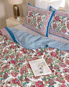 Couvre-lit réversible en coton imprimé à la main, motif floral rouge et bleu, style Kantha indien, rayé, taille King, Jaipur - Product Image 5
