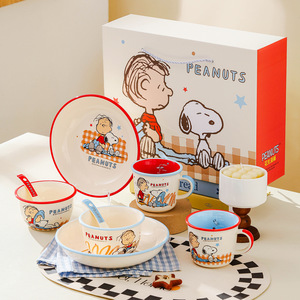 Ensemble de vaisselle en céramique Snoopy et <span class=keywords><strong>Charlie</strong></span> Brown, ensemble de 4 pièces, bol, assiette, tasse, cuillère avec boîte cadeau, ensemble de vaisselle de dessin animé mignon, ensemble cadeau - Product Image 3