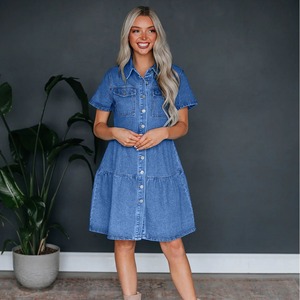 <span class=keywords><strong>Vestido</strong></span> Camisero <span class=keywords><strong>Vaquero</strong></span> Casual de <span class=keywords><strong>Mujer</strong></span> con Capas, Manga Corta, Abotonado, Mini <span class=keywords><strong>Vestido</strong></span> de Jean con Bolsillos para Moda de <span class=keywords><strong>Verano</strong></span> al por Mayor - Product Image 3