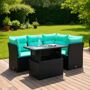 Set Divano da Giardino in Polyrattan Nero a 5 Pezzi con Cuscini, Arredamento da Esterno dal Design Contemporaneo per Giardino - Product Image 2